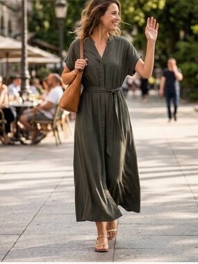 V-Neck Olive Maxi Dress with Self-Tie Waist